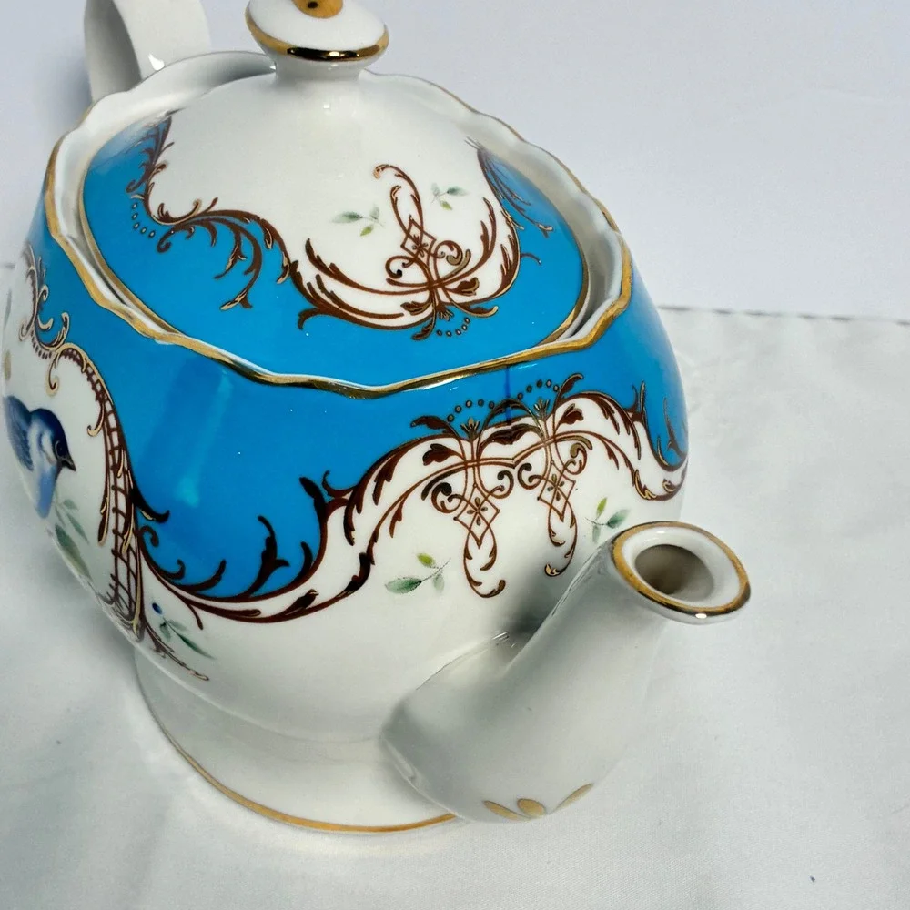 Grace Teaware Teapot Turquoise Gold Bird Filigree Scalloped Grandmillennial